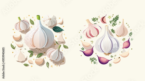 Vibrant Collection of Fresh Garlic Bulbs and Cloves Illustrations, Perfect for Culinary Designs, Healthy Food Concepts, and Recipe Enhancements