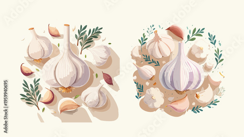 Clean flat lay illustration of fresh organic garlic bulbs, individual cloves, and aromatic herbs, ideal for culinary concepts, healthy recipes, and flavorful cooking