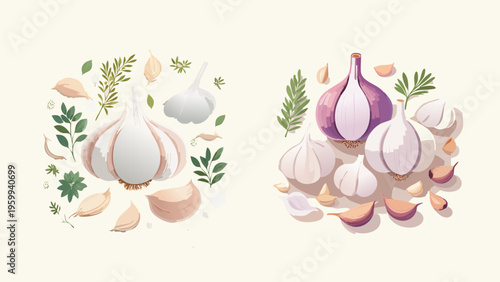 Stylized illustrations showcasing fresh garlic bulbs and individual cloves with fragrant herbs, perfect for culinary and healthy eating themes