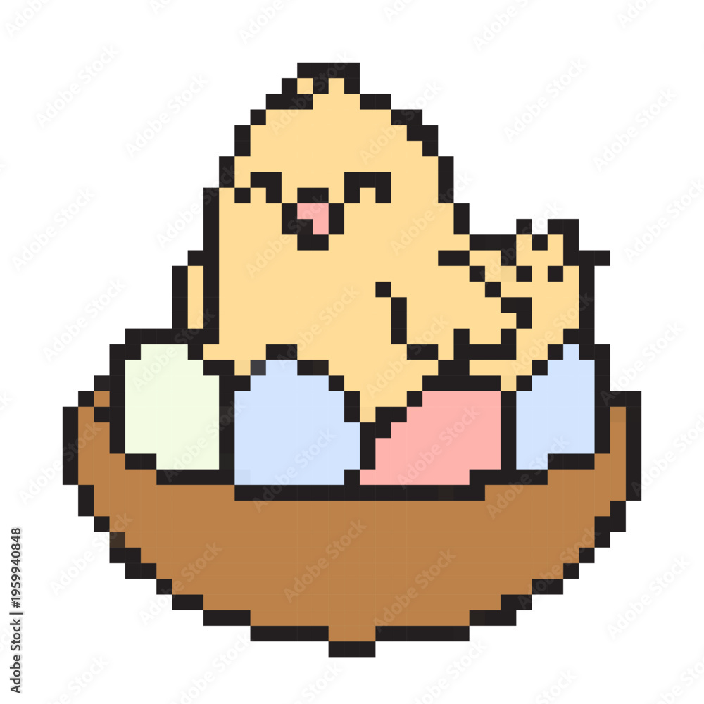 Obraz premium Pixel art icon of a cute chick in a nest with colored eggs. Retro 8-bit style, nostalgic spring Easter design. Isolated vector illustration with square pixels and bold colors.