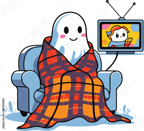Ghost wrapped in blanket watching movie, flat vector illustration, bold thick black outline, minimal line art, white background