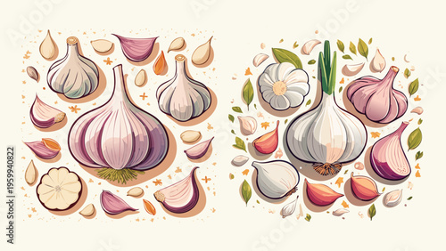 Vibrant vector illustration of fresh garlic bulbs and scattered cloves, adorned with green herbs, perfect for culinary and healthy eating designs
