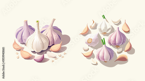 A vibrant collection of fresh garlic bulbs and separated cloves, depicted in a delightful illustrative style, perfect for culinary and healthy eating concepts