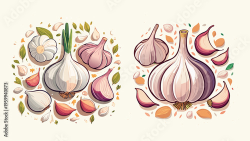 Vibrant Garlic Bulbs and Cloves Illustration Set, Whimsical Vegetable Food Design with Leafy Accents in Two Circular Compositions for Culinary Themes