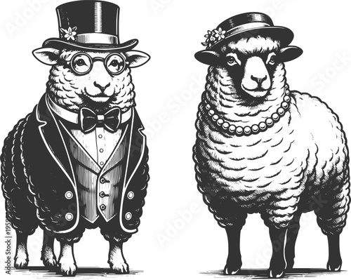 Vintage Anthropomorphic Sheep Couple Illustration in Engraving Style