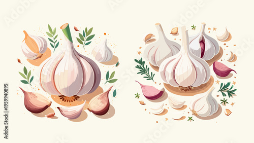 Fresh Garlic Illustrations A Duo of Hand-Drawn Culinary Essentials with Vibrant Green Accents, Perfect for Recipes and Healthy Eating Designs