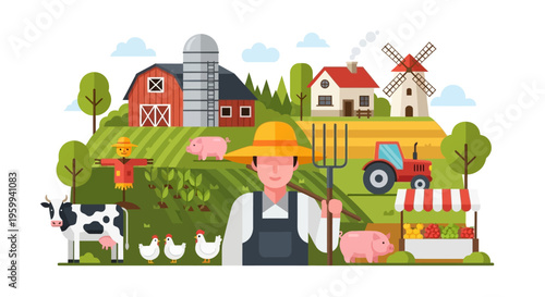 Flat Design Farm Landscape Illustration with Farmer, Barn, Silo, Animals, Tractor, and Fresh Produce Market. Ideal for Agriculture and Rural Life Concepts