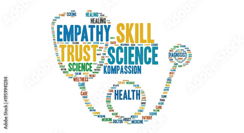 Stethoscope shaped word cloud with empathy skill science and health concepts in colorful illustration isolated on white background