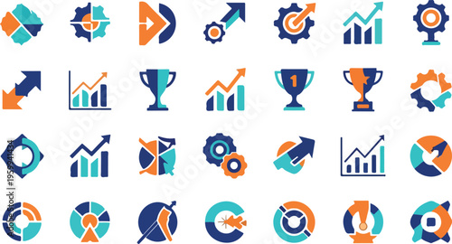 Business icons, 40 infographic elements, blue and orange vector graphics, charts and graphs symbols, corporate design set