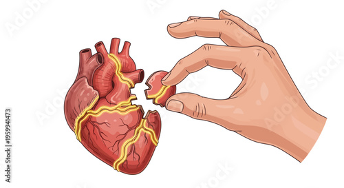 Human heart with yellow electrical pathways being touched by hand illustration isolated on white background