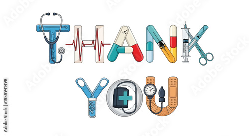 Medical thank you message with healthcare symbols isolated on white background