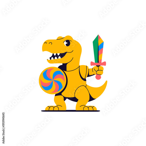 Cute cartoon tyrannosaurus rex knight holding a colorful shield and sword for children illustration featuring bold vector graphics on a clean solid white background design