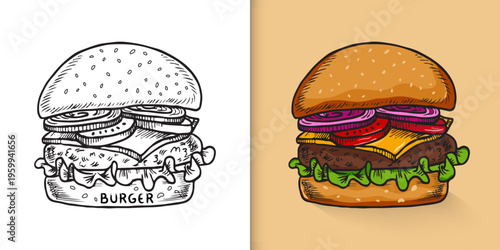 Burger - fast food concept, Hand Drawn Sketch Vector illustration.
