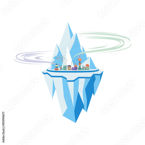Floating iceberg island with miniature townscape featuring colorful houses and industrial factory structures surrounded by swirling gusts of cold wind on white background