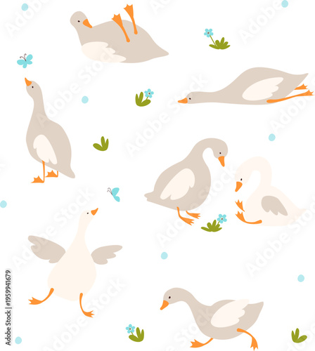 Cute White and Grey Geese Seamless Pattern on White Background, Minimalist Farm Birds Texture with Flowers and Butterflies for Kids Nursery Fabric and Decor