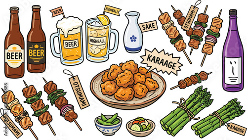 Japanese Izakaya Food and Drink Set with Beer, Sake, Yakitori, Karaage, and Otsumami Appetizers Flat Vector Illustration