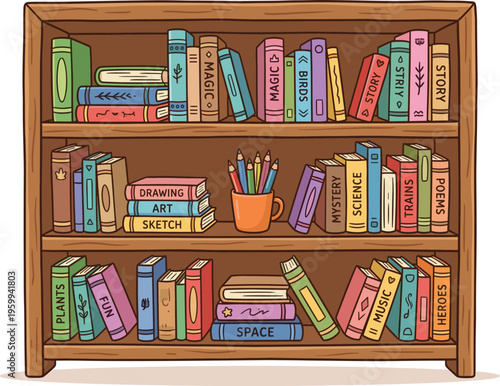 Wooden bookshelf with colorful books, pencils, and various literature genres in cartoon vector style.