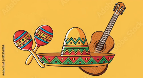 Vibrant sombrero maracas and guitar on yellow background symbolizing festive mexican culture and music