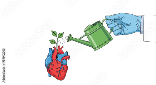 Gloved hand watering green plant growing out of human heart isolated on white background