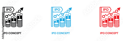 Initial Public Offering IPO concept with rising stock bars and upward arrow on blue and red backgrounds