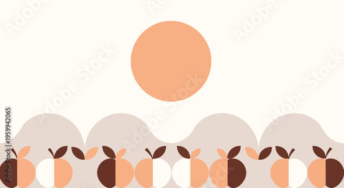 A minimalist illustration featuring a row of stylized apples beneath a large, warm-toned circle, evoking a sense of simple harvest or natural abundance.