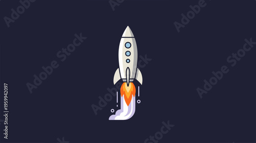 Cartoon rocket ship blasting off into the vast, dark universe.