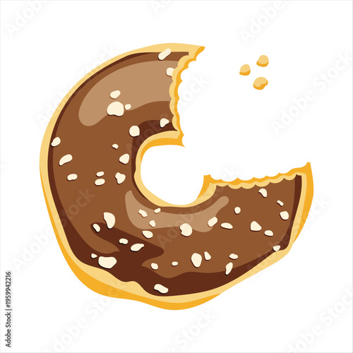 Flat vector illustration of bitten chocolate glazed donut with sprinkles