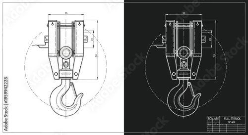 Technical drawing of a heavy-duty hook block for a crane, showing precise dimensions and engineering details on both white and black backgrounds.