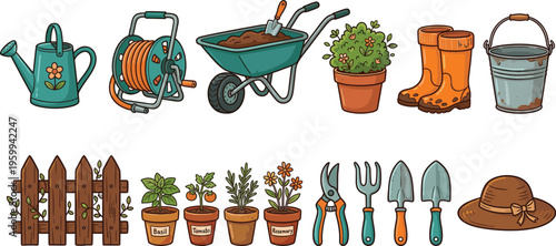 Collection of gardening tools, potted plants, wheelbarrow, and outdoor equipment vector illustration set.