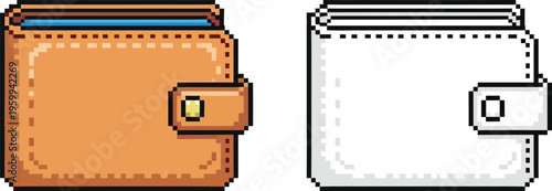 Pixel art illustration of two wallets, one brown and one white, with snap closures, depicting financial items or digital currency storage.