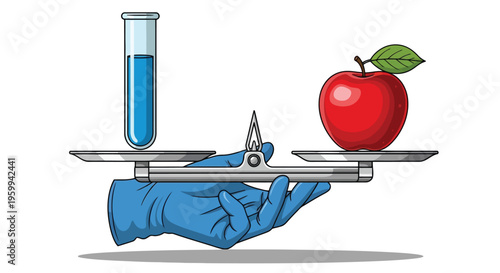 Gloved hand balancing laboratory equipment with test tube and apple on scales isolated on white background