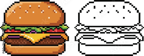 Pixel art burger illustration with a colored version showing bun, patty, cheese, and vegetables, alongside a black and white outline drawing.
