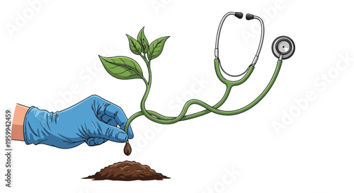 Gloved hand planting seedling with stethoscope stem illustration isolated on white background