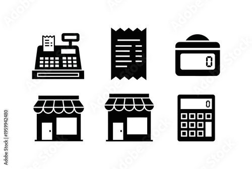 Collection of retail and business icons including a cash register, receipt, credit card machine, storefronts, and calculator