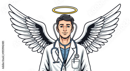 Cartoon doctor with angel wings and halo isolated on white background