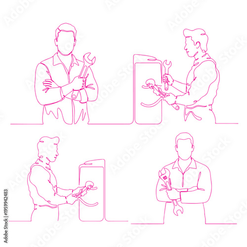 Manual Laborer Holding Construction Tools Silhouette, Single Line Art Handyman Worker Vector