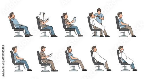 Man Sitting Salon Chair Icon Set – Multiple Poses Barber Haircut Vector Collection