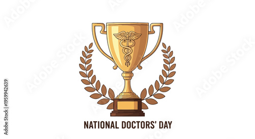 Golden trophy cup icon with laurel wreath for National Doctors' Day isolated on white background