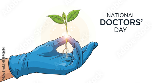 Hand in blue glove holding green plant with glowing roots on for National Doctors' Day isolated on white background