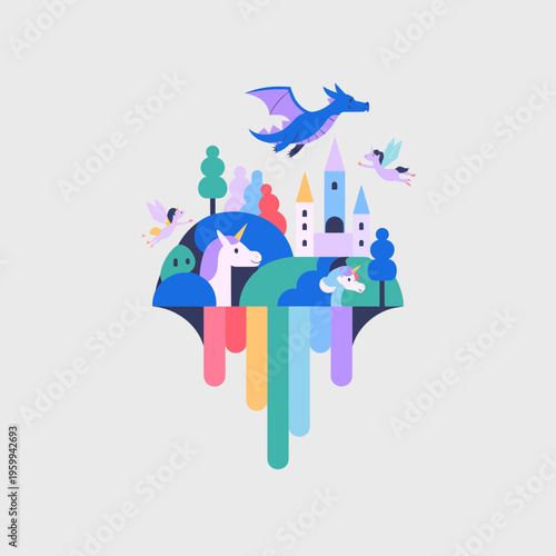 Whimsical fantasy kingdom featuring flying dragons and magical unicorns in a colorful fairytale landscape with a floating island and vibrant rainbow drip graphic design