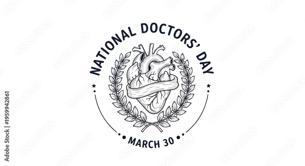 Obraz premium Minimalist heart with laurel wreath logo for National Doctors' Day on March 30 isolated on white background