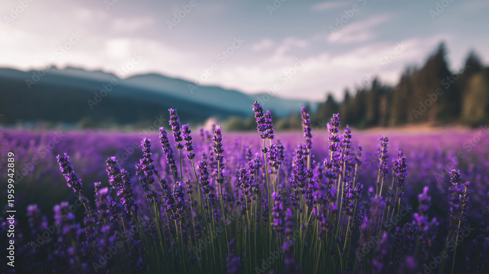 Fototapeta premium Blooming lavender field stretching toward distant mountains under soft evening light