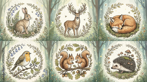 Woodland animals illustrations in floral wreaths.