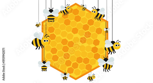 Bees Around Honeycomb Illustration.