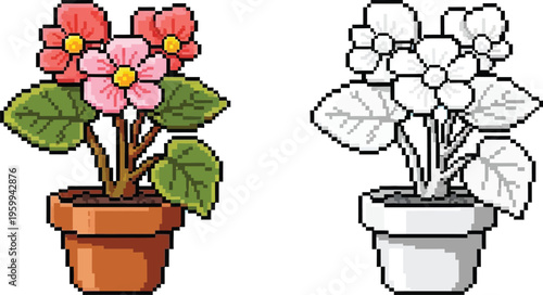 Pixel art illustration of a potted flowering plant with pink blossoms and green leaves, alongside its black and white outline version.
