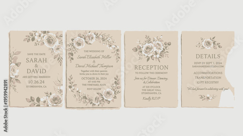 Elegant wedding invitation cards with floral designs.
