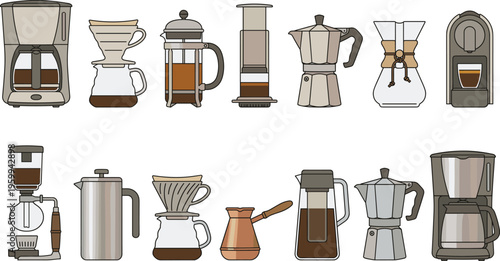 Professional coffee brewing equipment collection including french press moka pot syphon and espresso makers