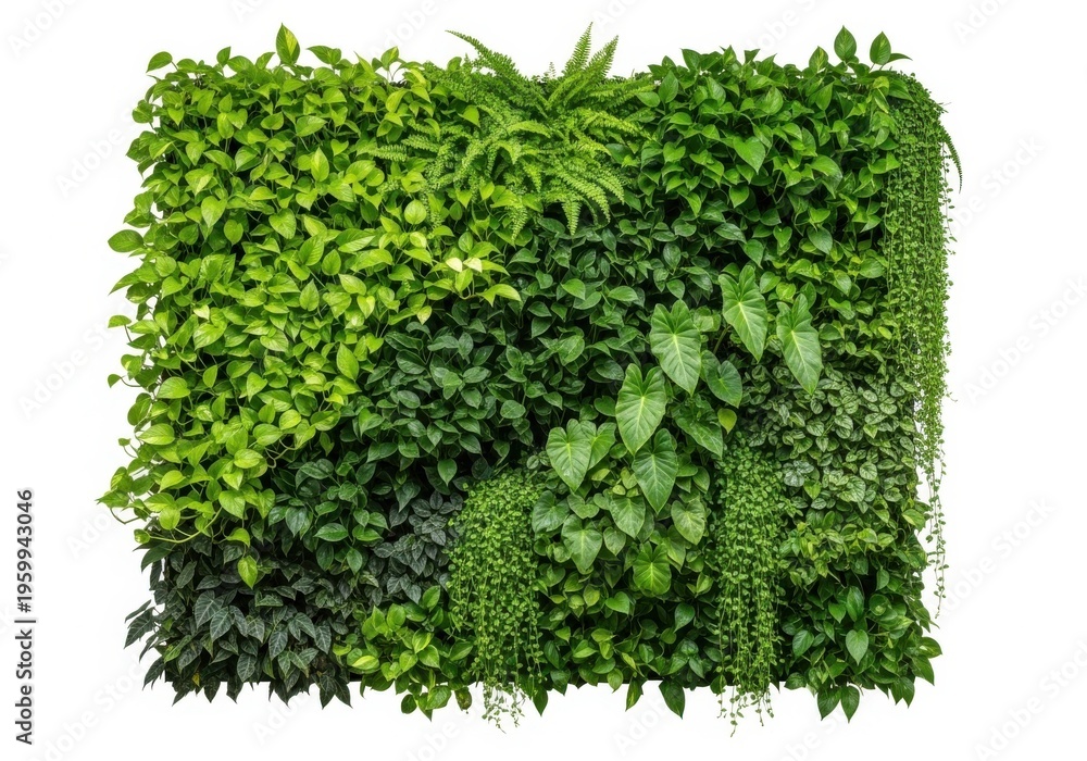 Obraz premium Variety of green plants and leaves forming a lush living wall isolated on white background
