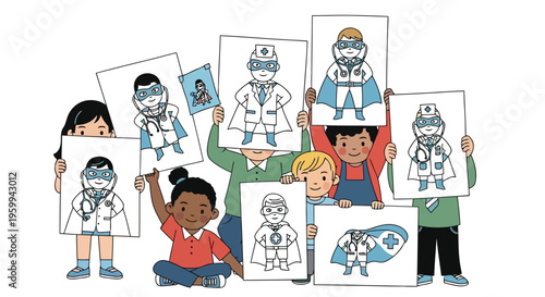 Children holding up drawings of doctors and medical workers in a colorful illustration isolated on white background
