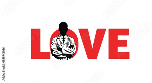 Minimalist doctor silhouette in white coat forming LOVE concept with red circle isolated on white background